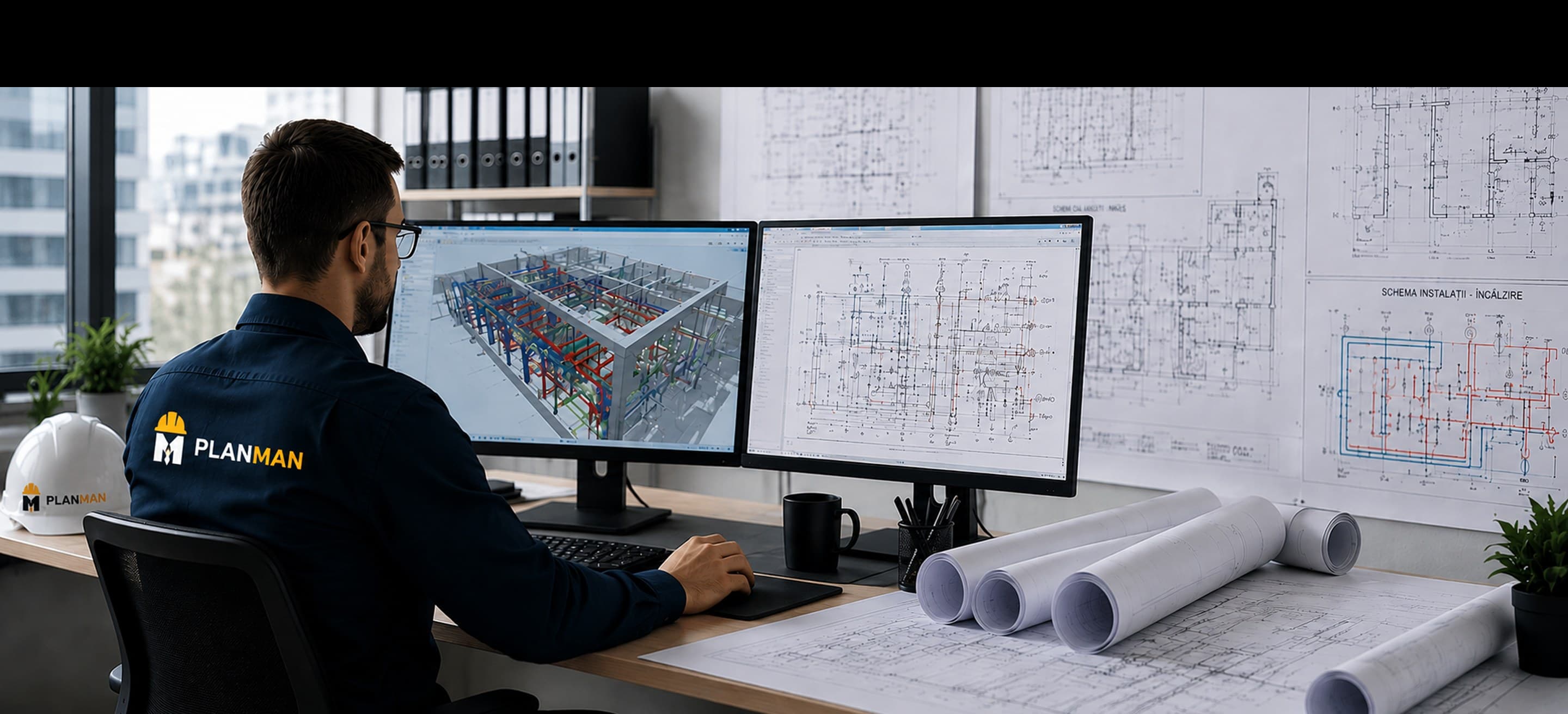 Inginer proiectant analizând planuri de instalații pe mai multe monitoare